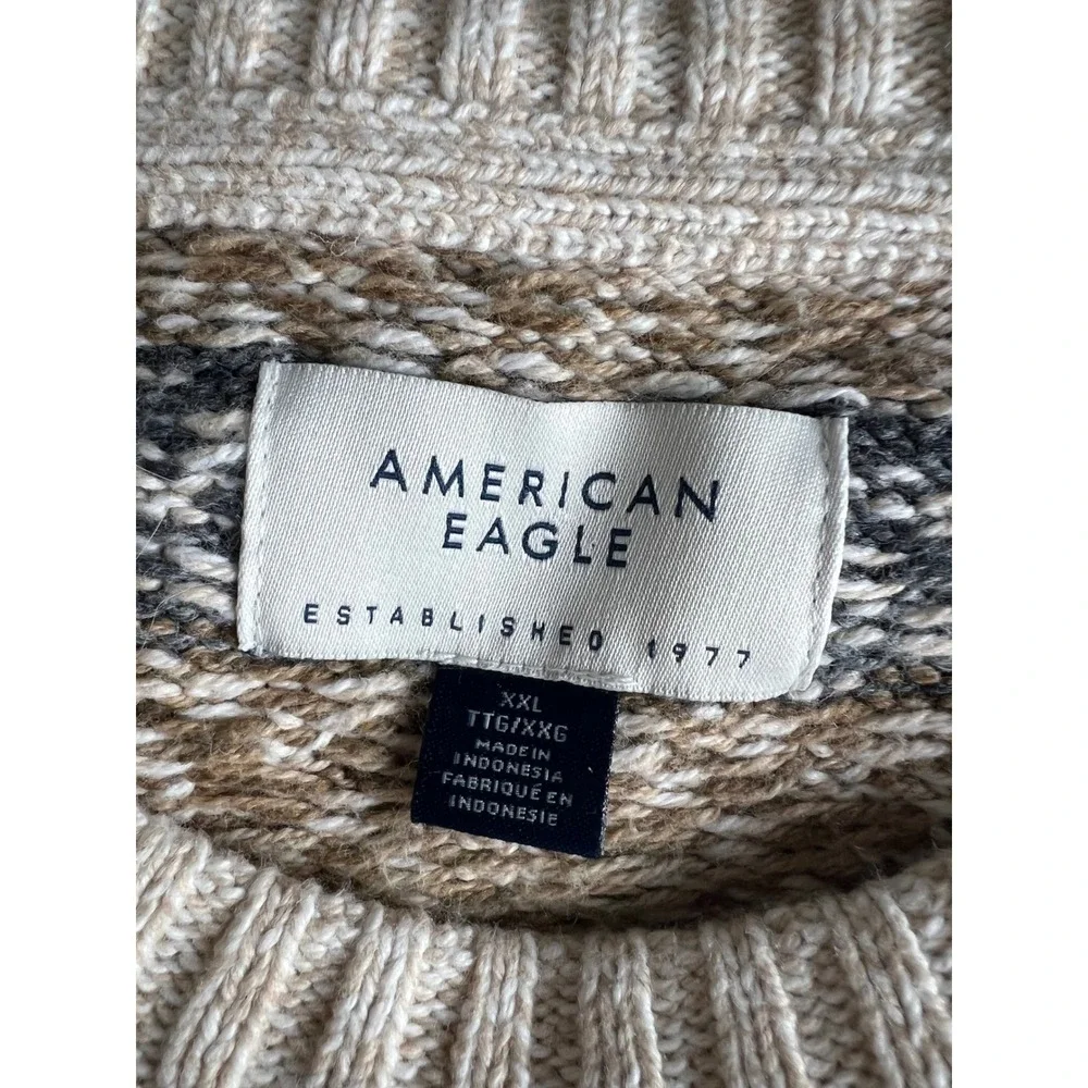 American Eagle Men XXL Fair Isle Crewneck Sweater Beige Tan Knit Pullover